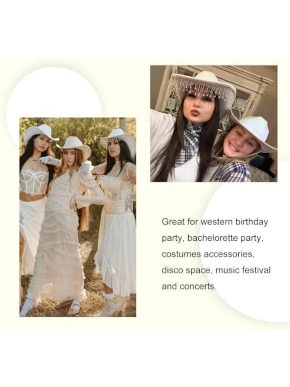 Rhinestone Fringe White Cowboy Hat with Chin Cord - Stylish Western Cowgirl - Picture 4 of 7